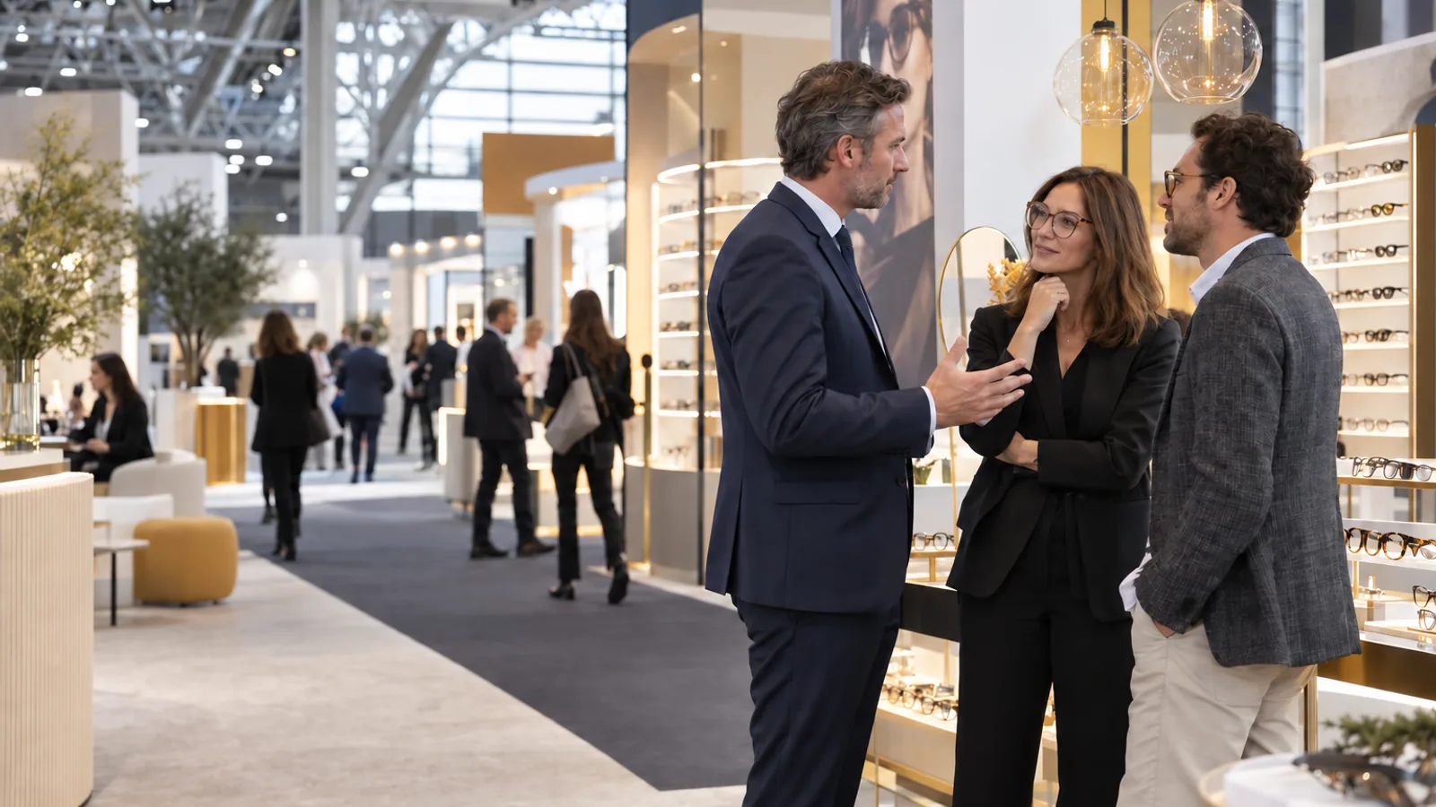 Échanges entre professionnels sur un salon consacré à l'optique